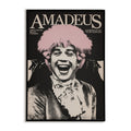 Poster for the movie 'Amadeus' with a person wearing a pink wig and laughing, two masked figures behind him, and text overhead that reads the movie title, director, and screenplay writer.