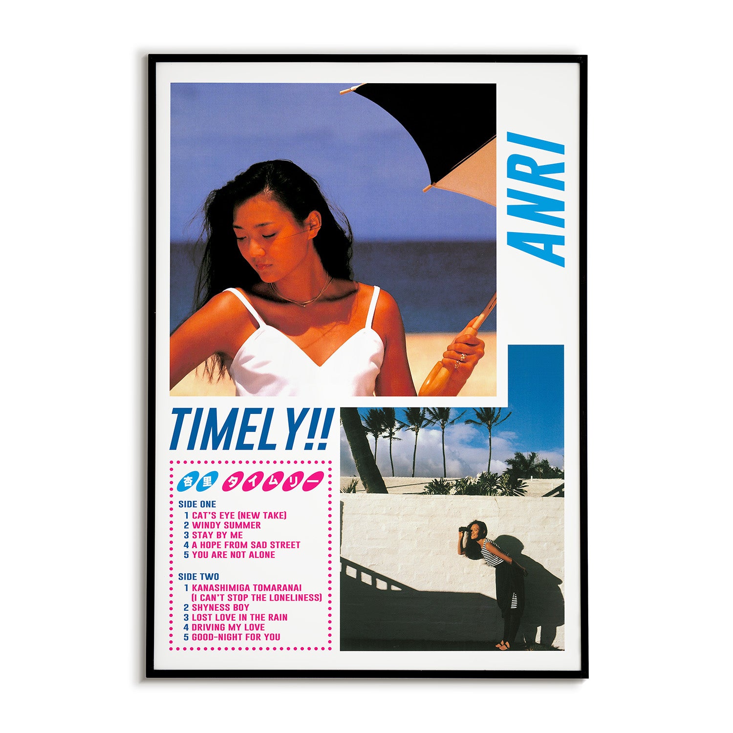 Album cover with a woman on a beach, palm trees, and text about 'Timely' by ANRI.