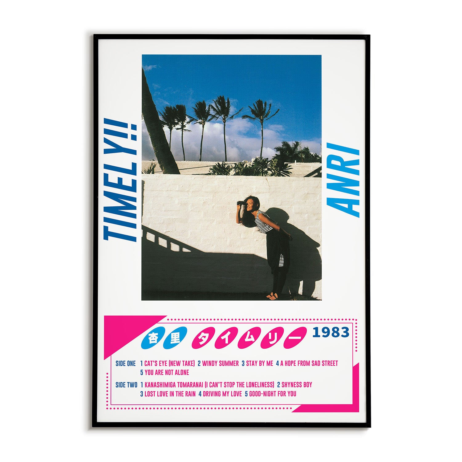 Framed poster with a person leaning against a wall with palm trees, featuring the text 'TIMELY!!' and 'ANRI'.