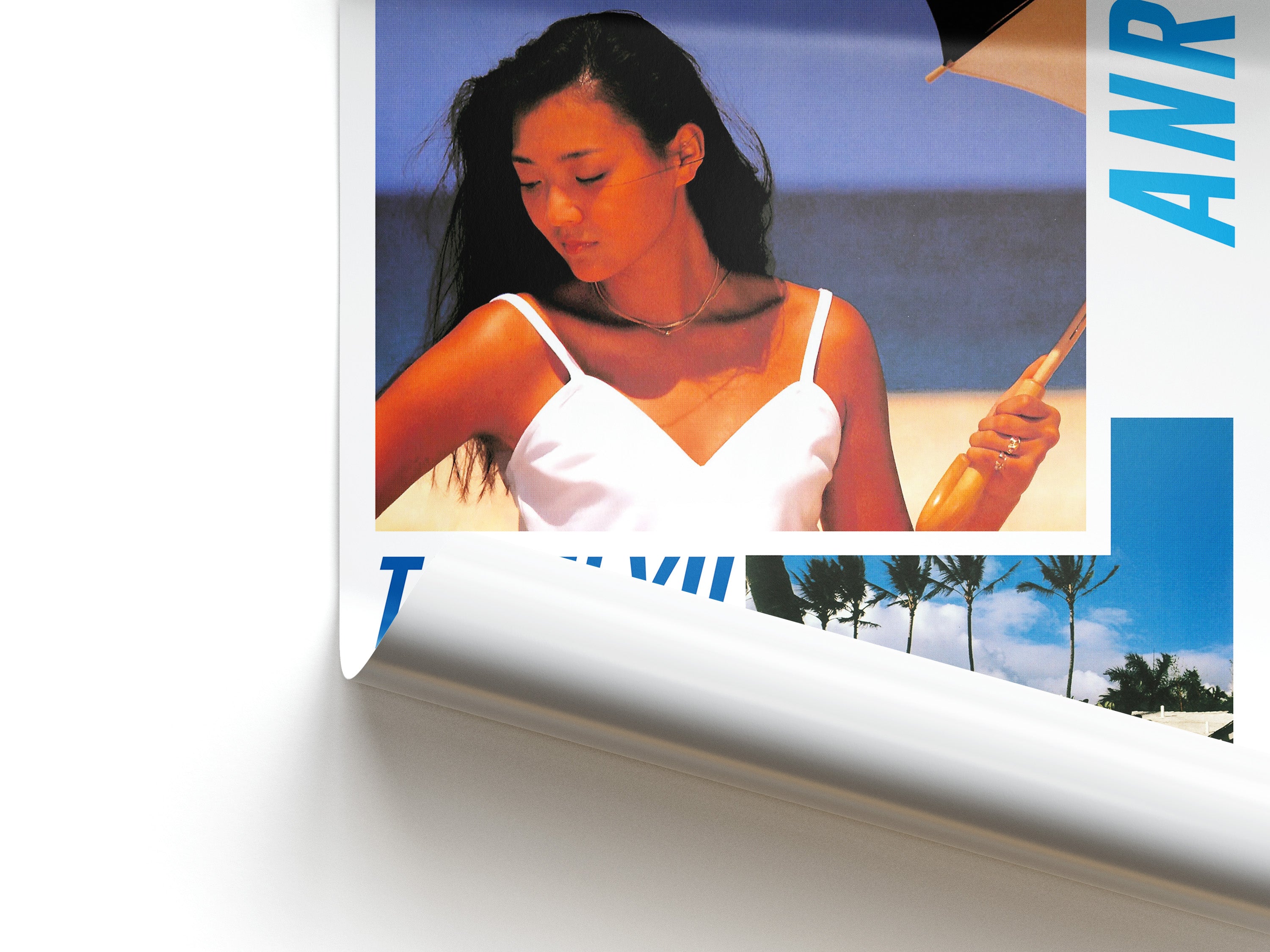 Woman in a white tank top holding an umbrella on a beach with palm trees and blue sky.