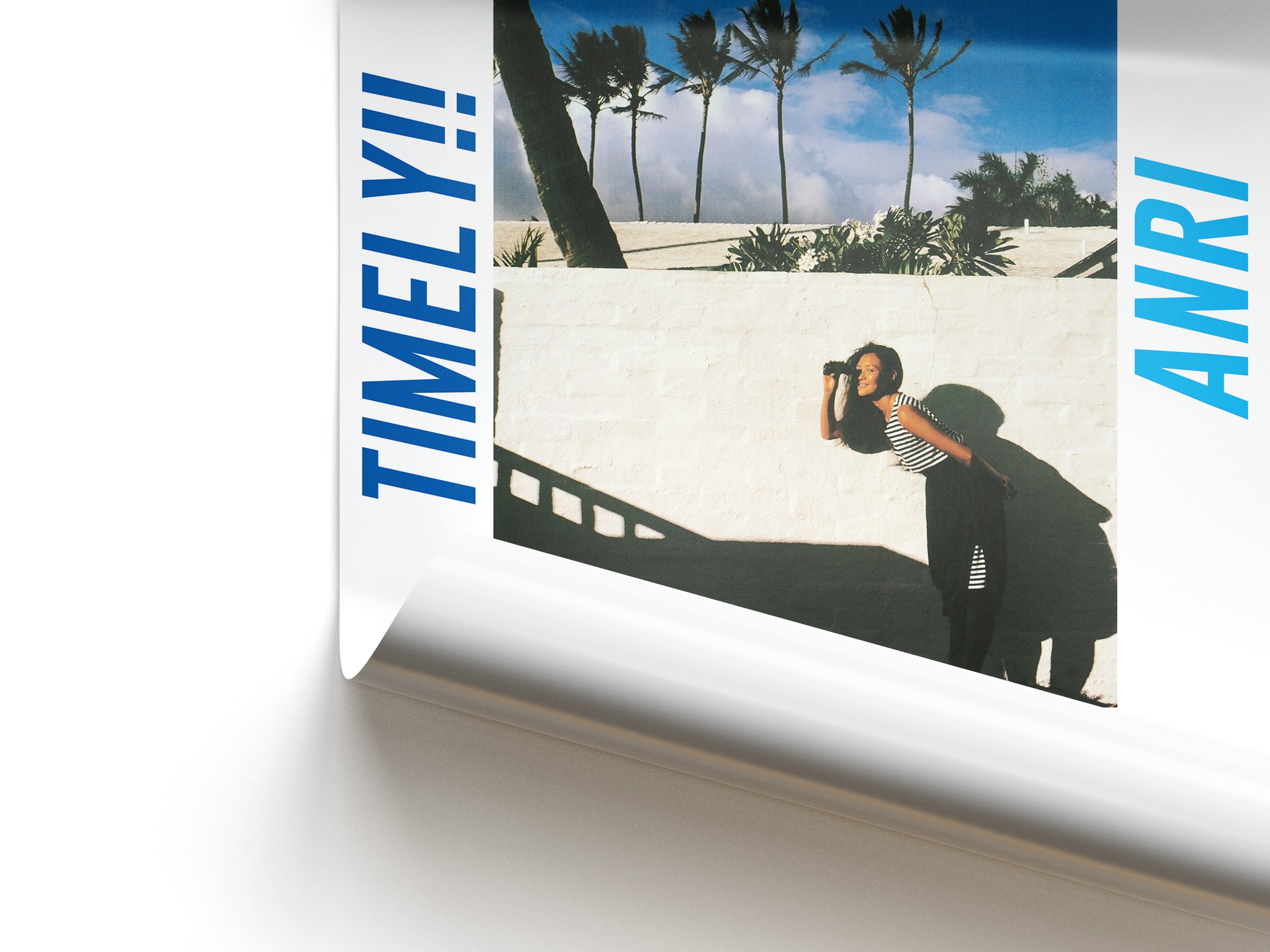Poster with a person taking a photo, palm trees, and 'Timely!!' and 'Anri' text.