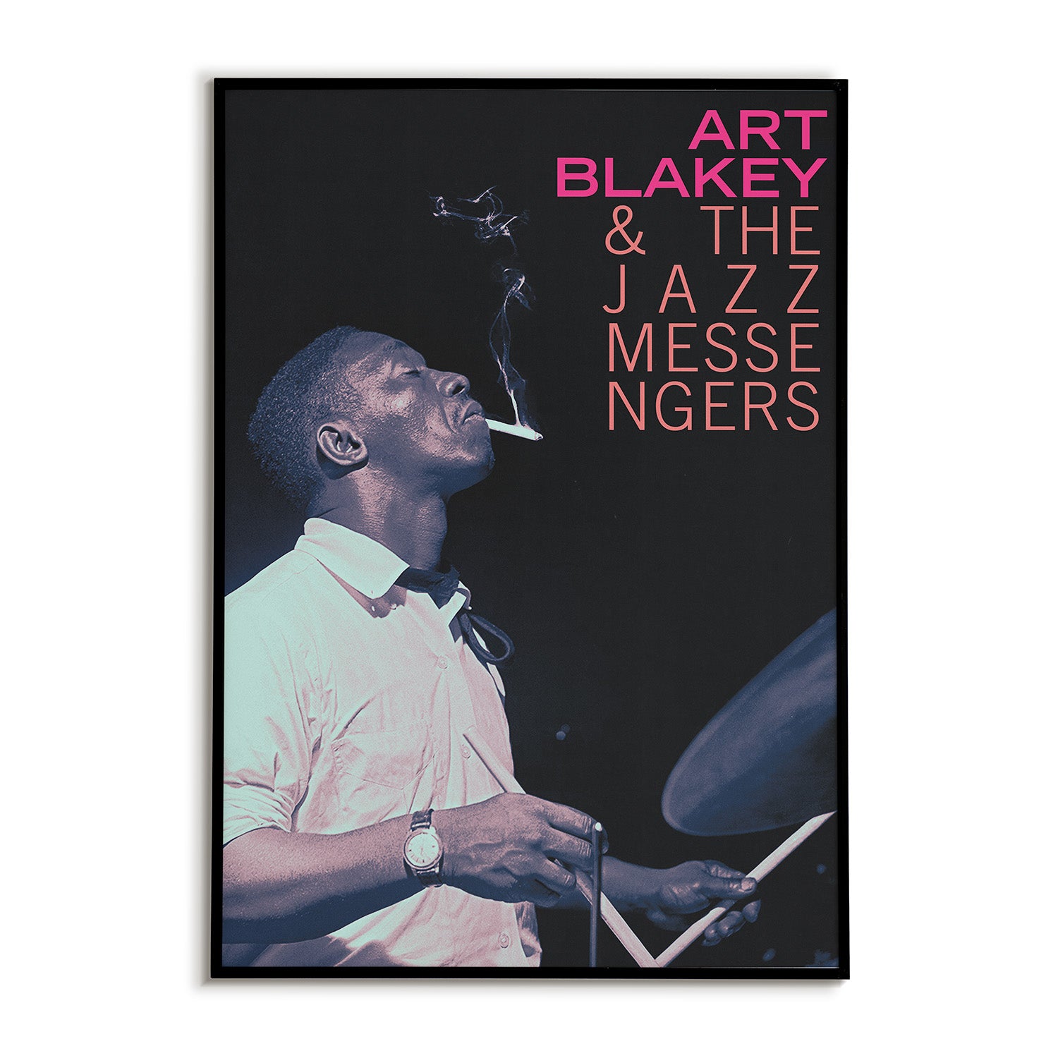 Poster of Art Blakey & The Jazz Messengers with a musician playing drums with his eyes closed while smoking a cigarette.