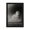 Framed black and white poster with text 'Bauhaus in the Flat Field' on a white background. Poster design features an abstract, vintage horror illustration.