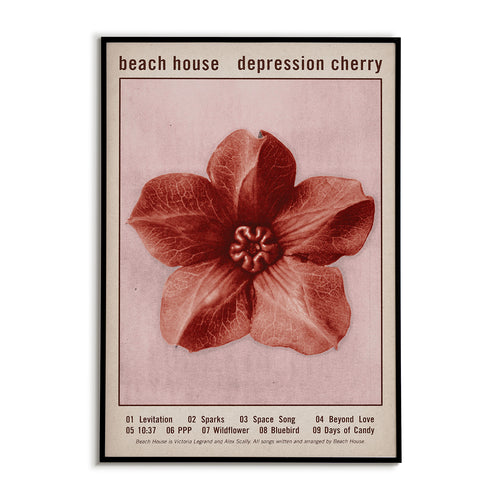 Album poster for Beach House's Depression Cherry with a red flower illustration and text on a beige background. The record's full track list songwriting/performance credits is included at the bottom.