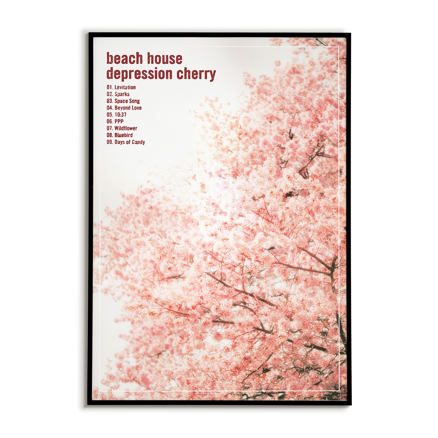Poster for Beach House's album Depression Cherry featuring a dreamy photo of a cherry tree alongside a list of the songs featured on the record.