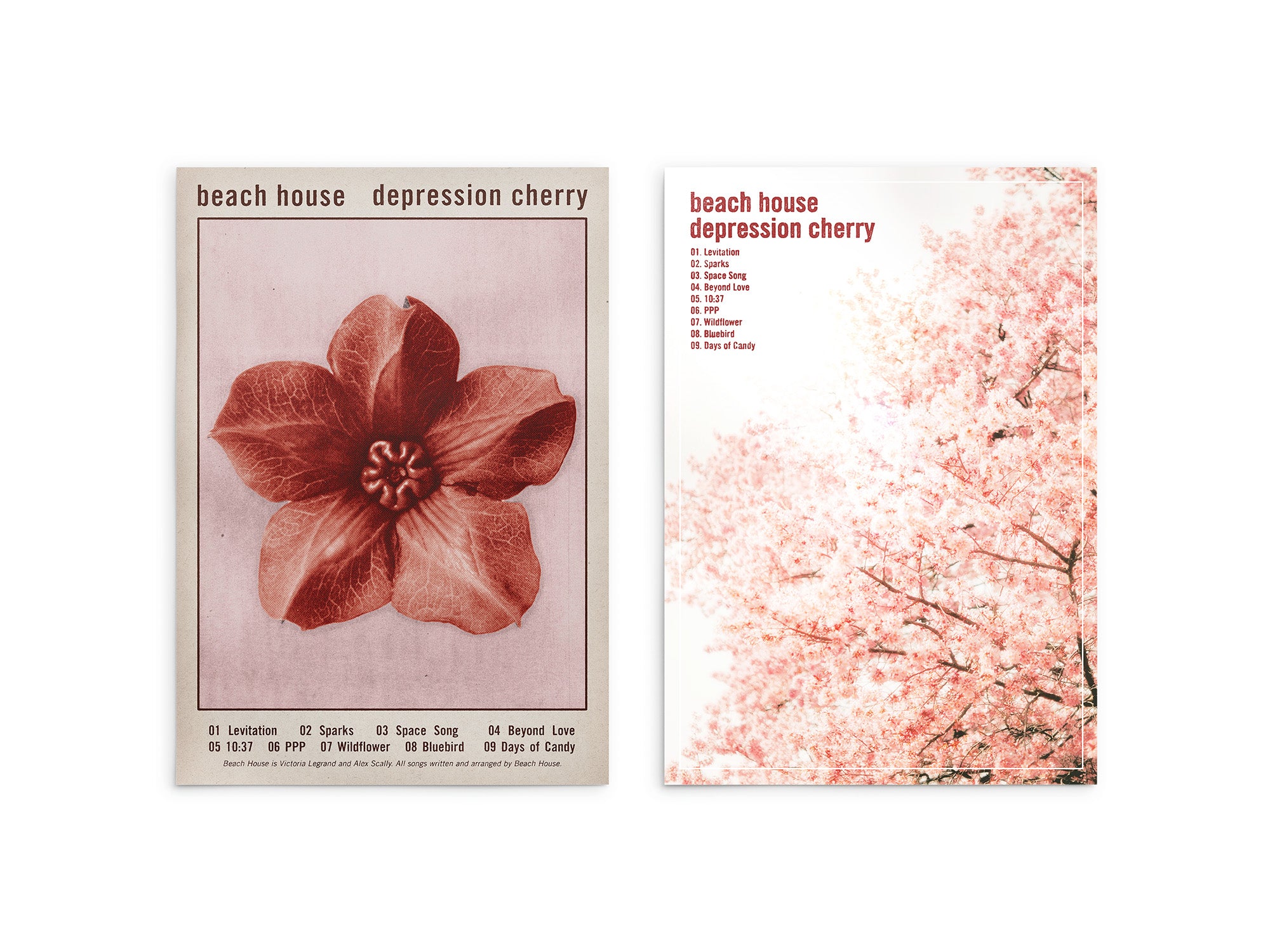 Two album covers for 'beach house depression cherry' with floral designs.