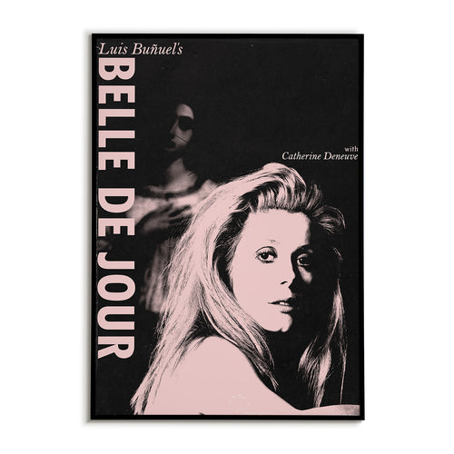 Belle de Jour 1967 Luis Bunuel film poster featuring Catherine Deneuve in pastel pink design