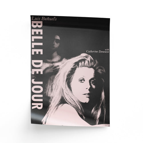 Retro Belle de Jour movie poster with minimalist pastel pink aesthetic and classic French New Wave typography