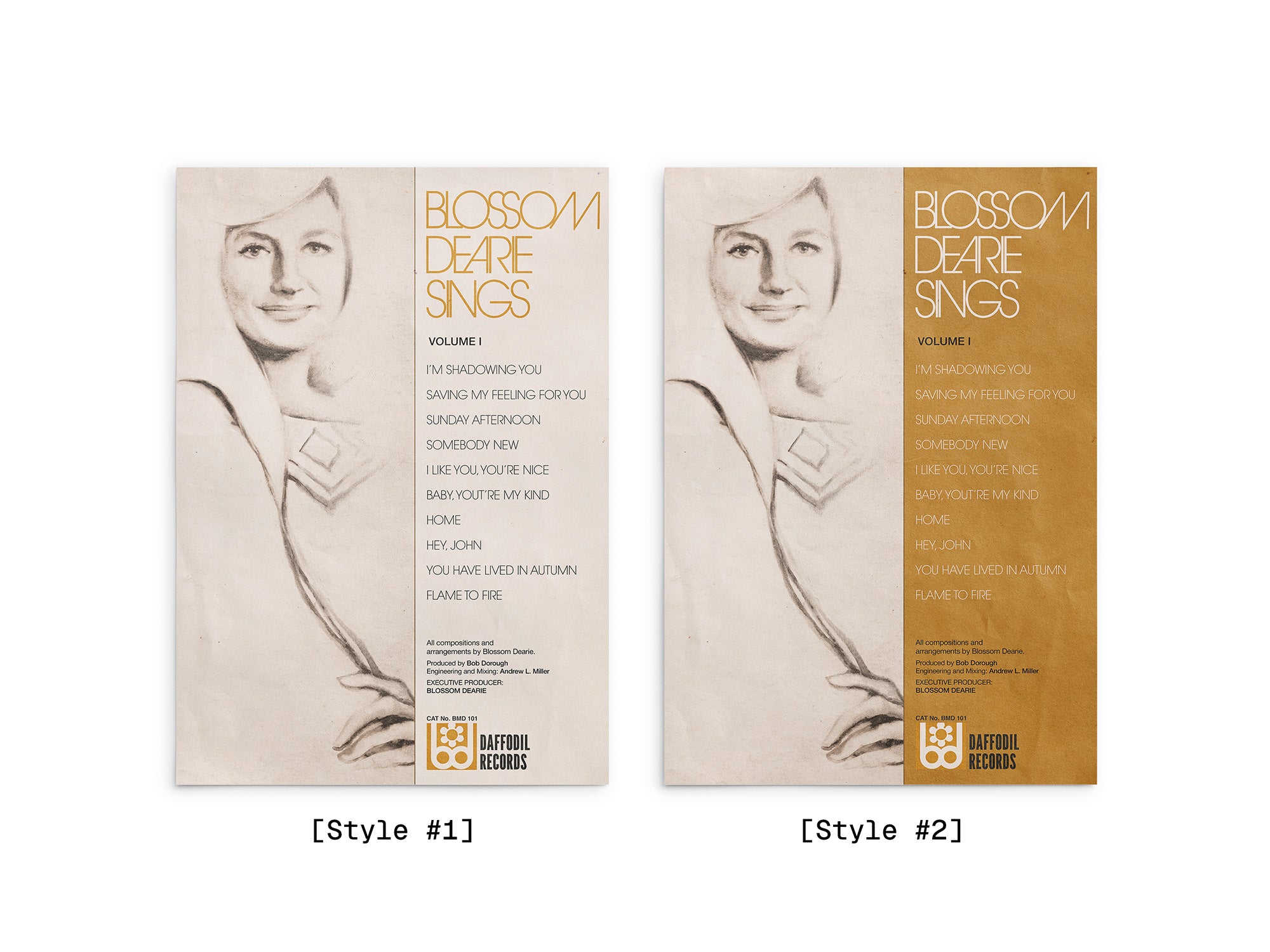 Two album posters for 'Blossom Dearie Sings' with a portrait of a woman on a beige background.