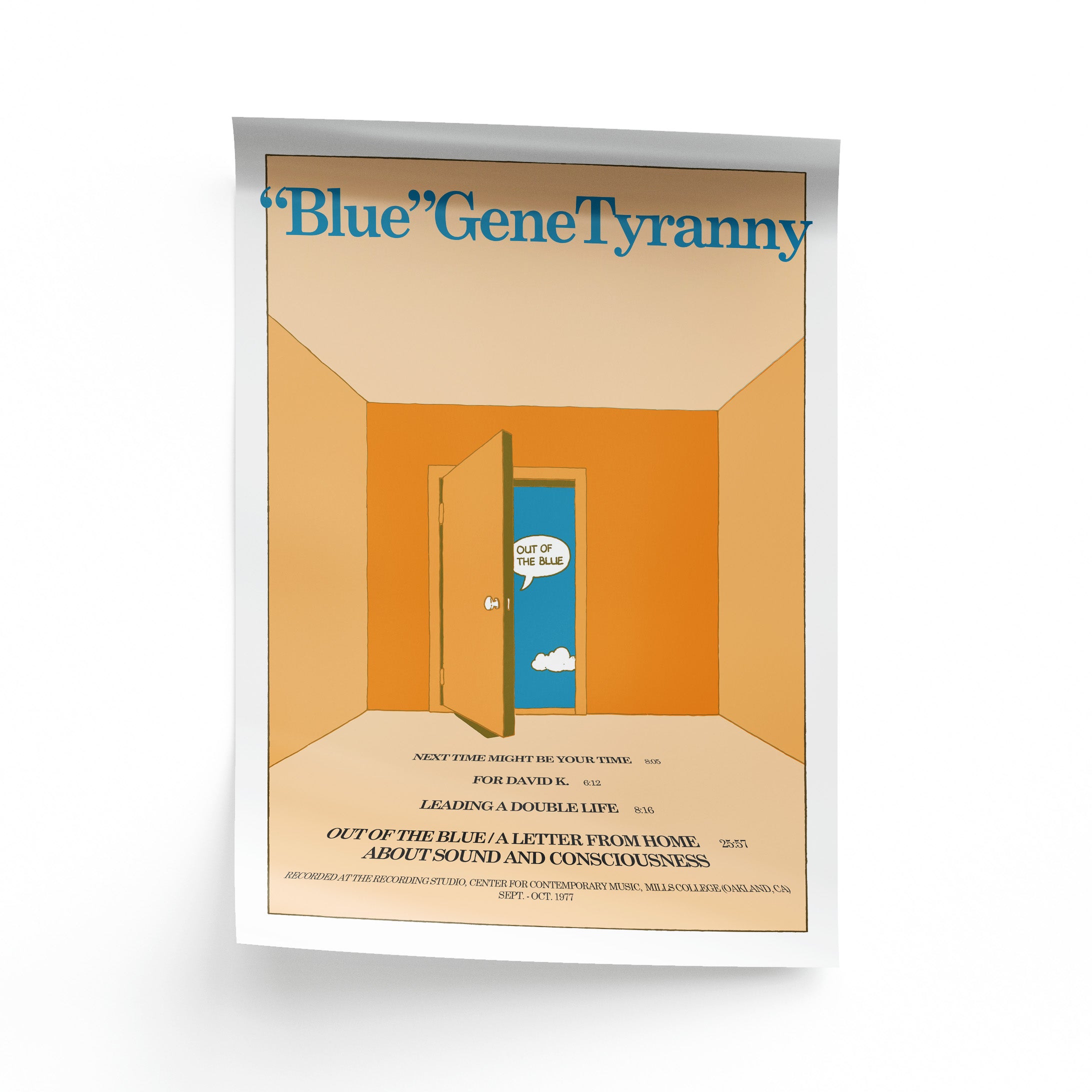 Orange and blue poster with 'Blue Gene Tyranny' text and a door illustration on a white background