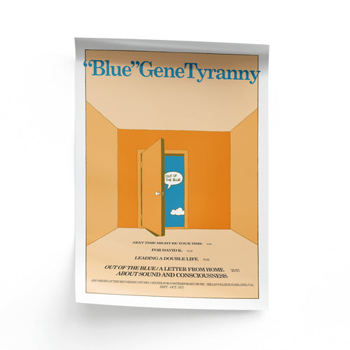 Orange and blue poster with 'Blue Gene Tyranny' text and a door illustration on a white background