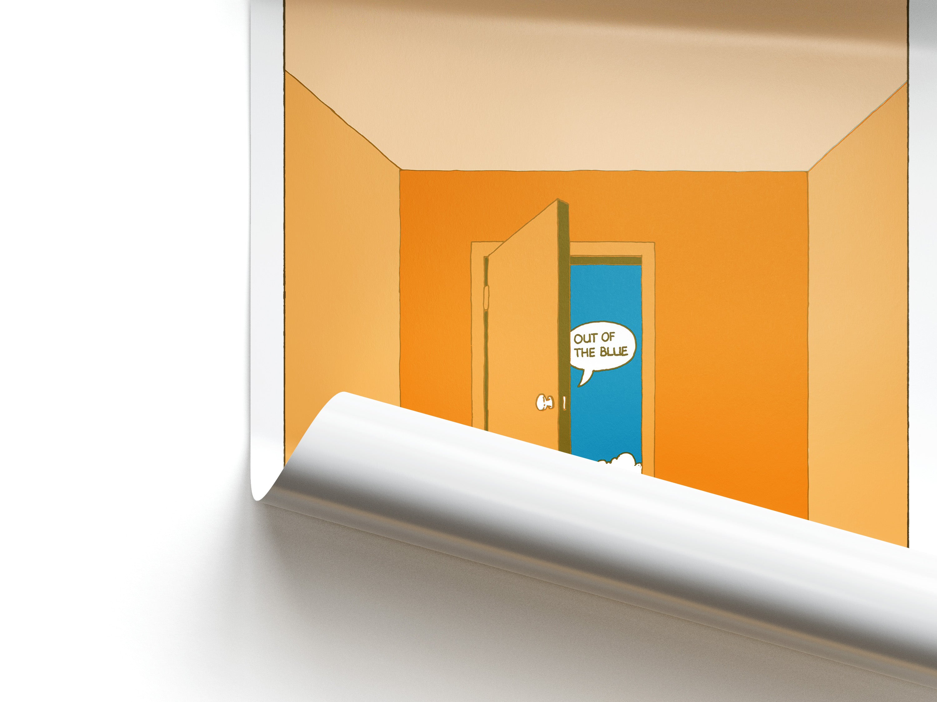 Illustration of a hallway with a blue door labeled 'Out of the Blue'.