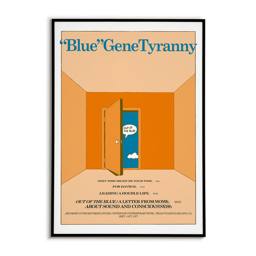 Album cover poster for "Blue" Gene Tyranny's album Out of the Blue featuring the full track list and recording credits.