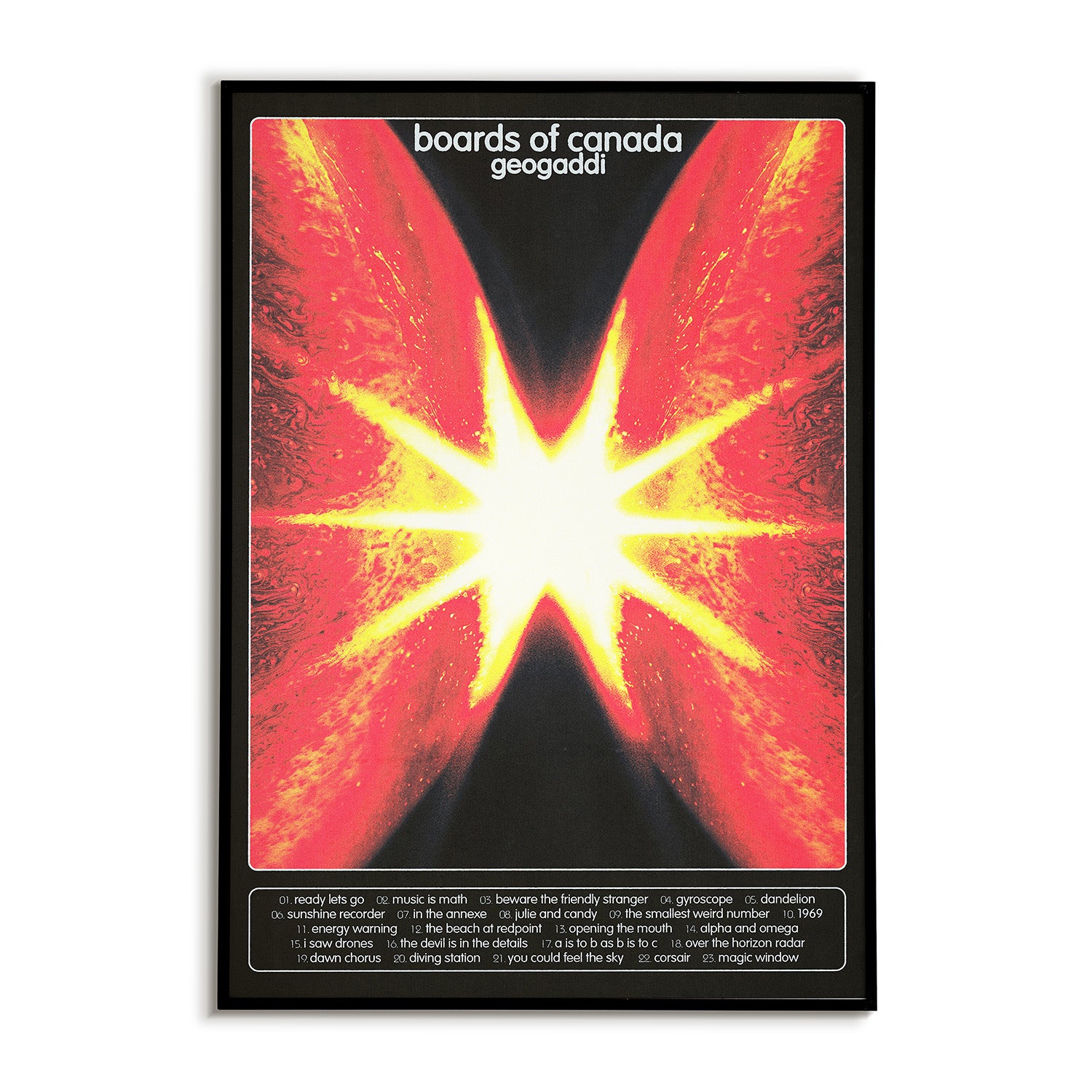 Album cover for 'Geogaddi' by Boards of Canada with a red and yellow abstract design.
