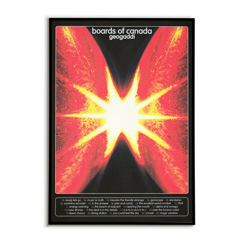 Album cover for 'Geogaddi' by Boards of Canada with a red and yellow abstract design.