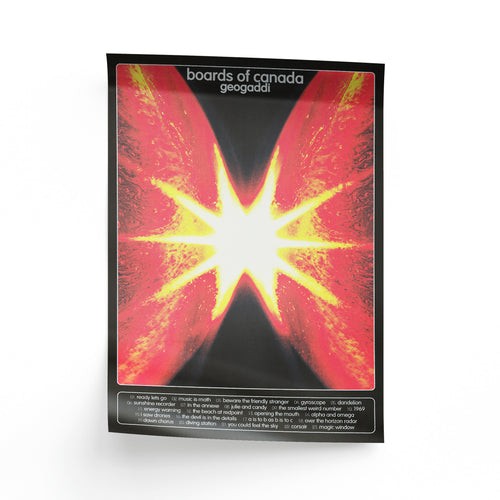 Album cover for 'geogaddi' by Boards of Canada with a bright yellow light on a red background.