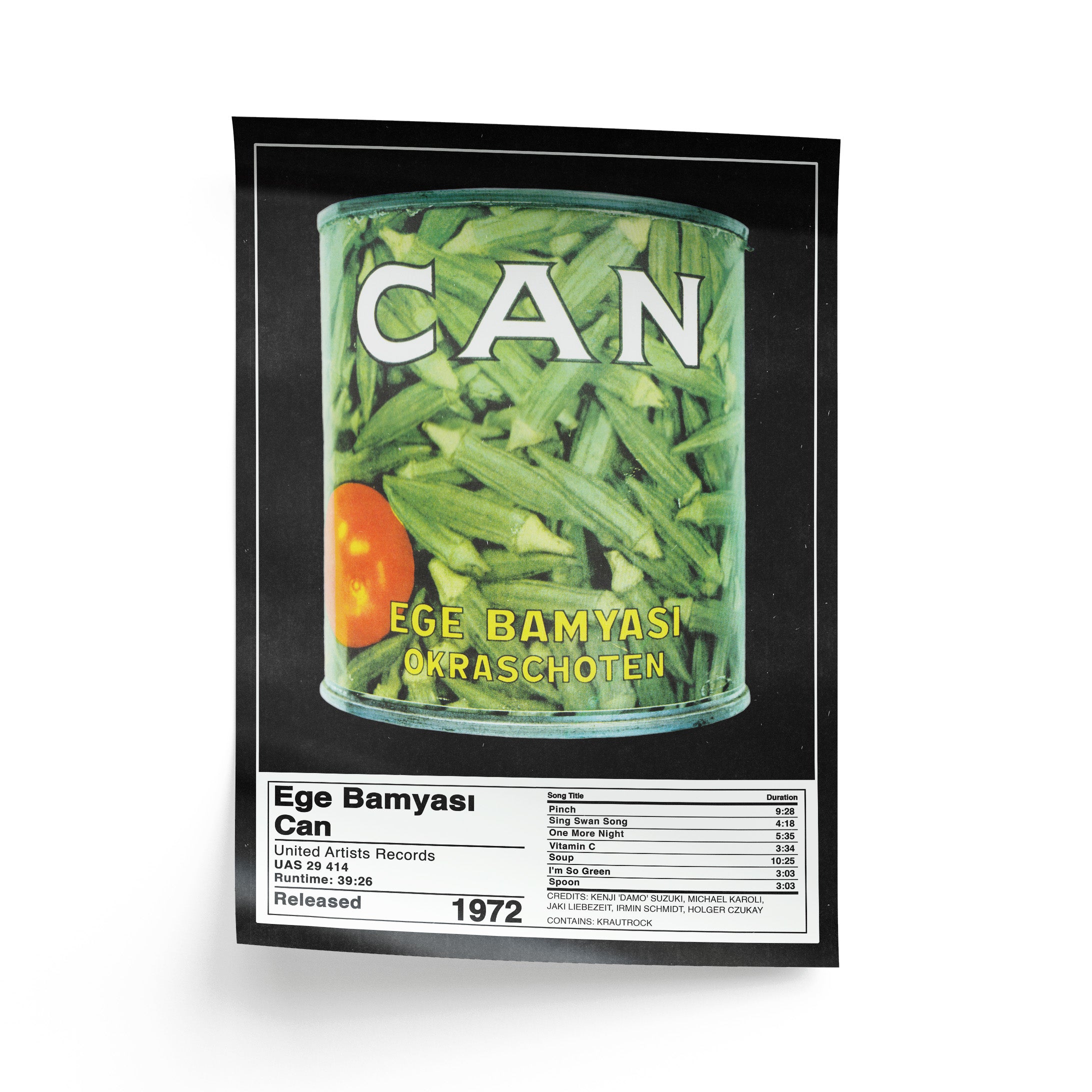 Album cover of 'CAN' featuring a can of okra with text on a black background