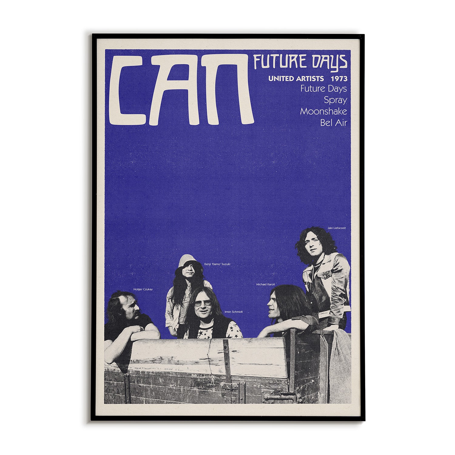 Poster of the band Can with a blue background and black and white photo of the band members.