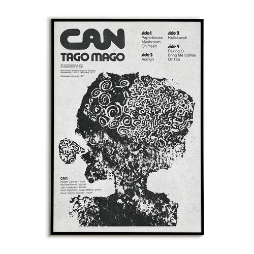 Framed album cover with black and white design and text on a white background