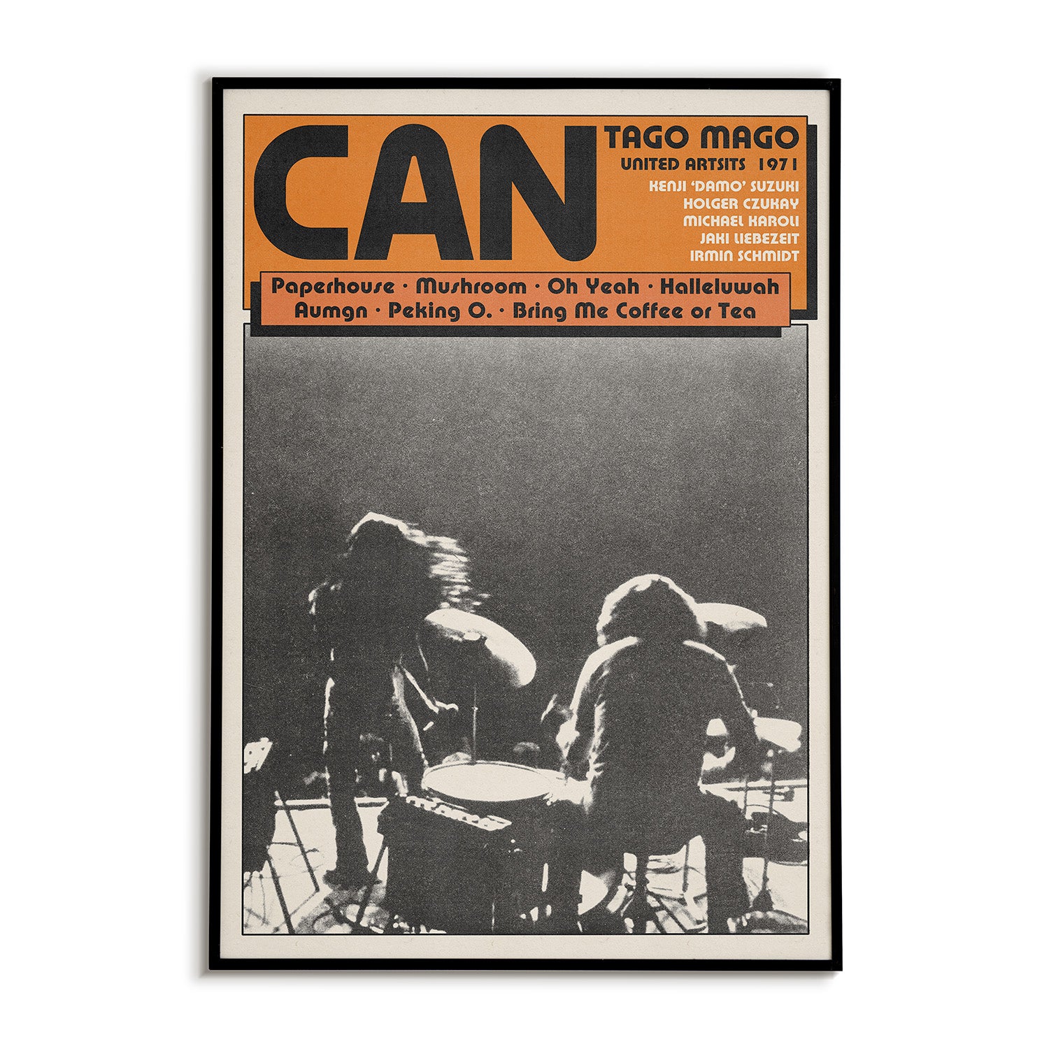 Framed poster of 'Can' Tago Mago album cover with two figures playing drums.