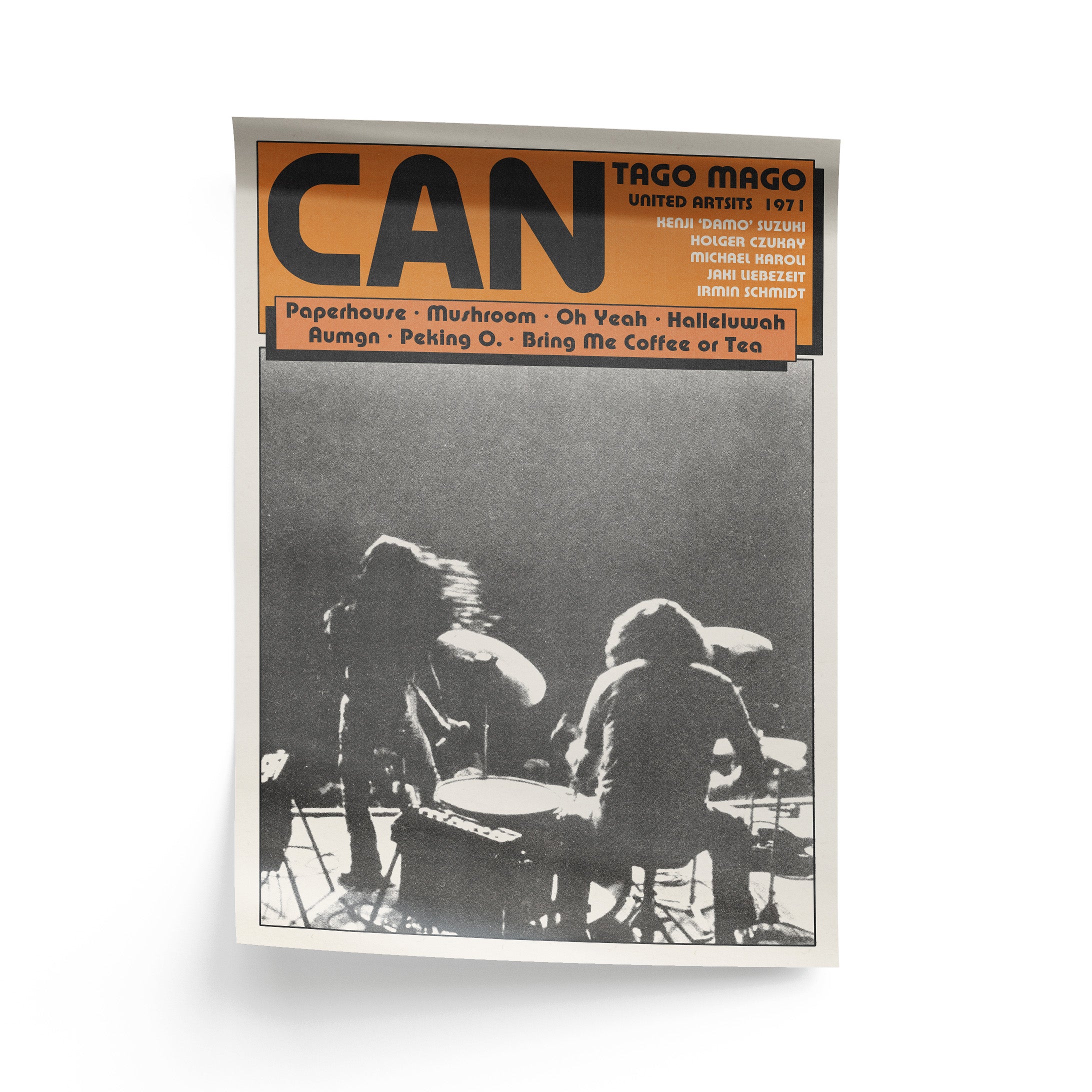 Album cover for 'Can Tago Mago' with black and white photo of two figures and album details.