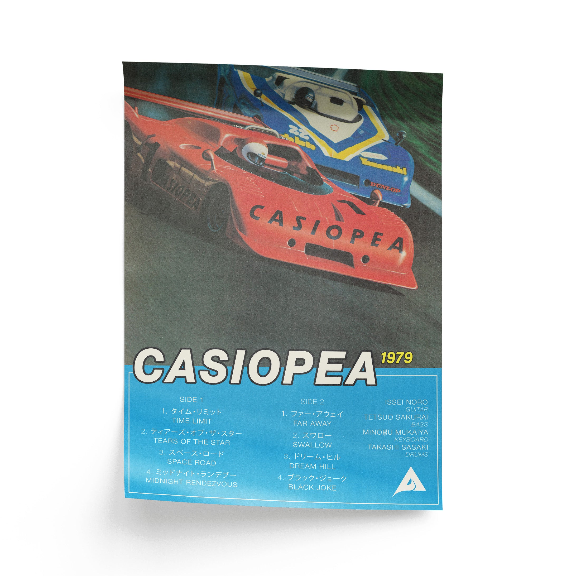 Casiopea album cover with a racing car illustration and tracklist in english and japanese