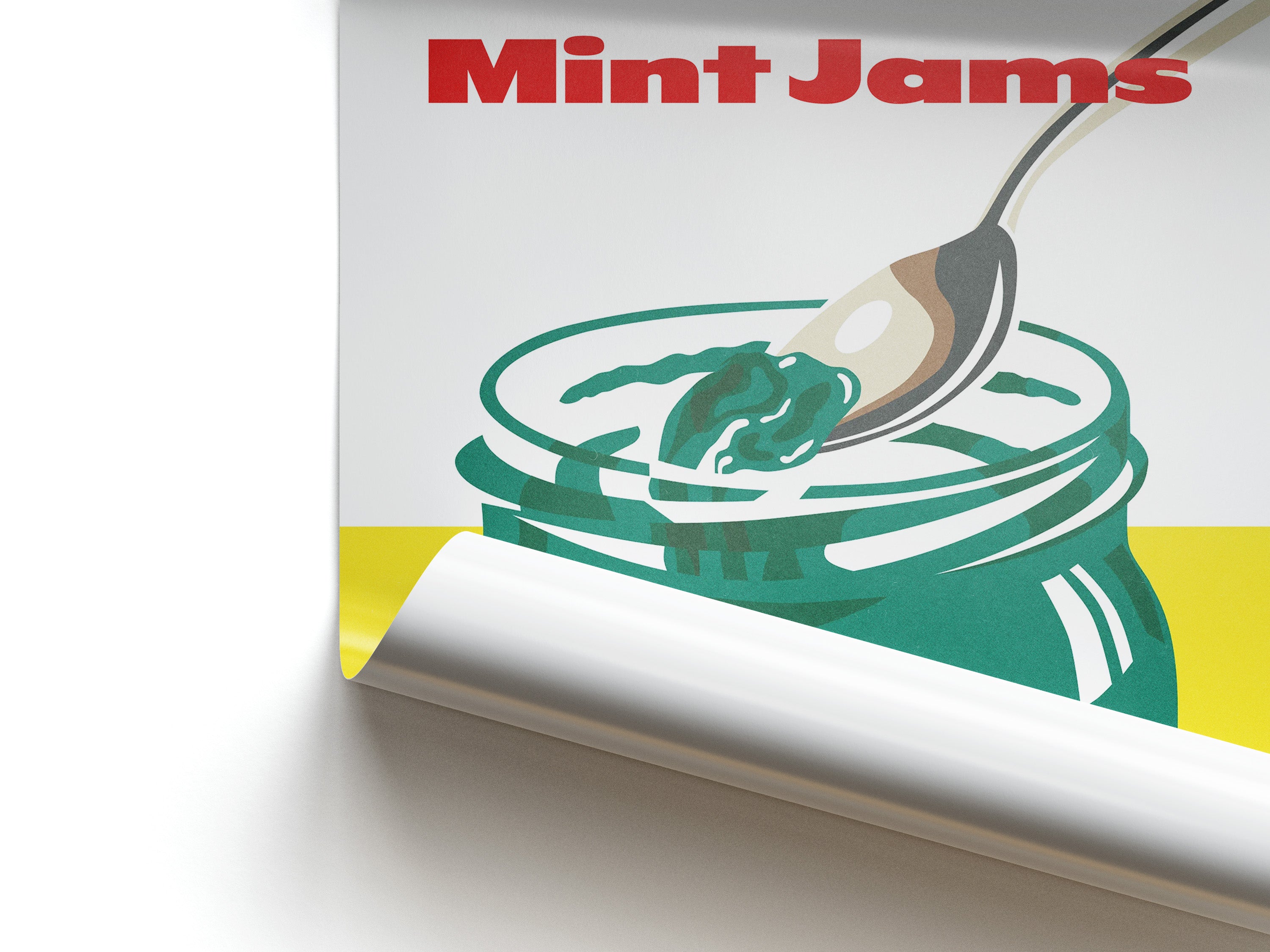 Spoon dipping into a jar of mint jelly with 'Mint Jams' text above on a white background