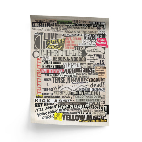 Poster with various words and phrases in different fonts and colors on a white background