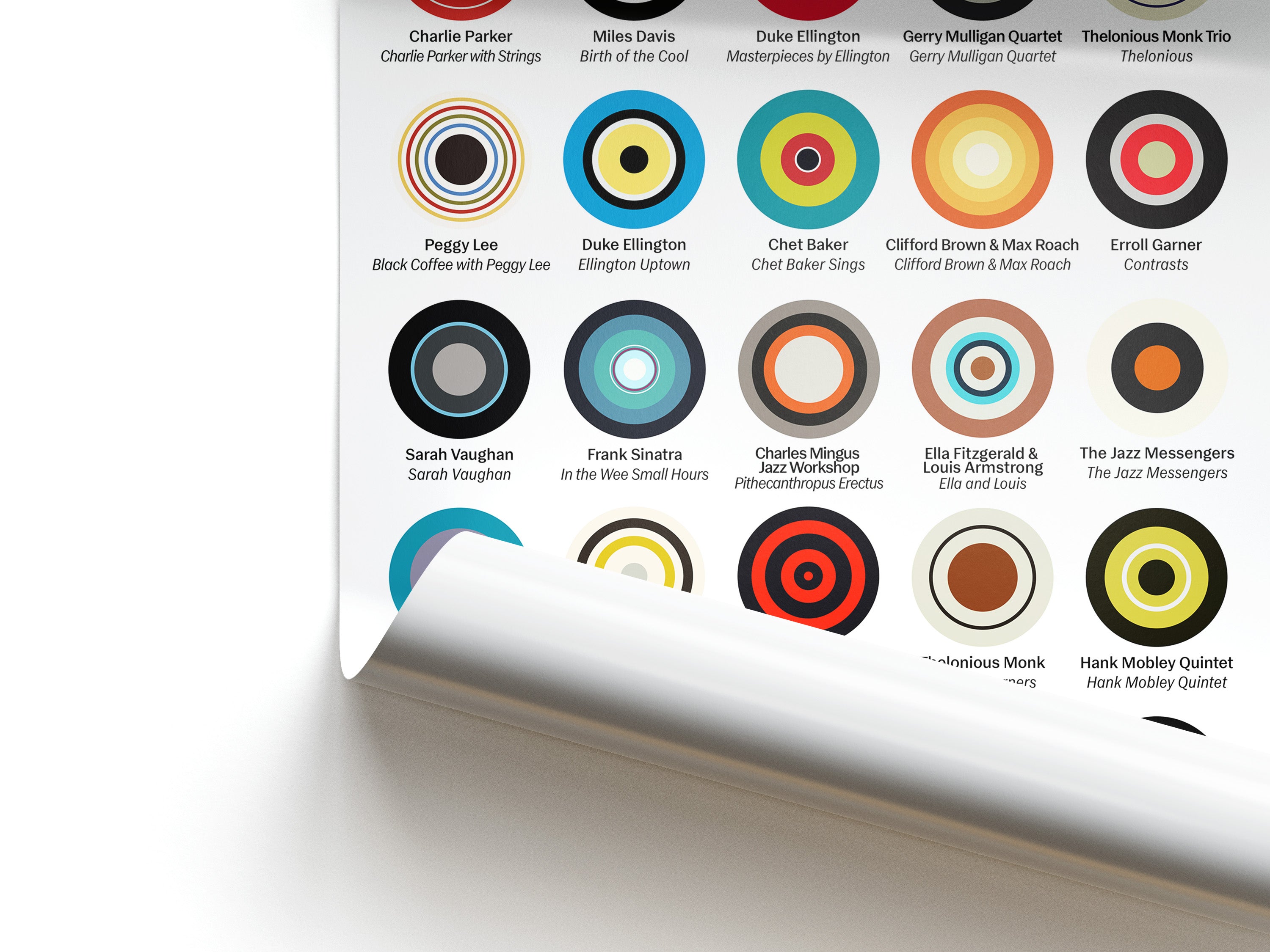 Illustrated poster of 1950s jazz records with colorful circle designs on a white background