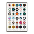Poster with colorful circular designs and text listing 30 of the greatest jazz albums of the 60s