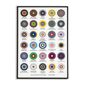 Poster displaying color schemes of New Wave bands with a black frame.