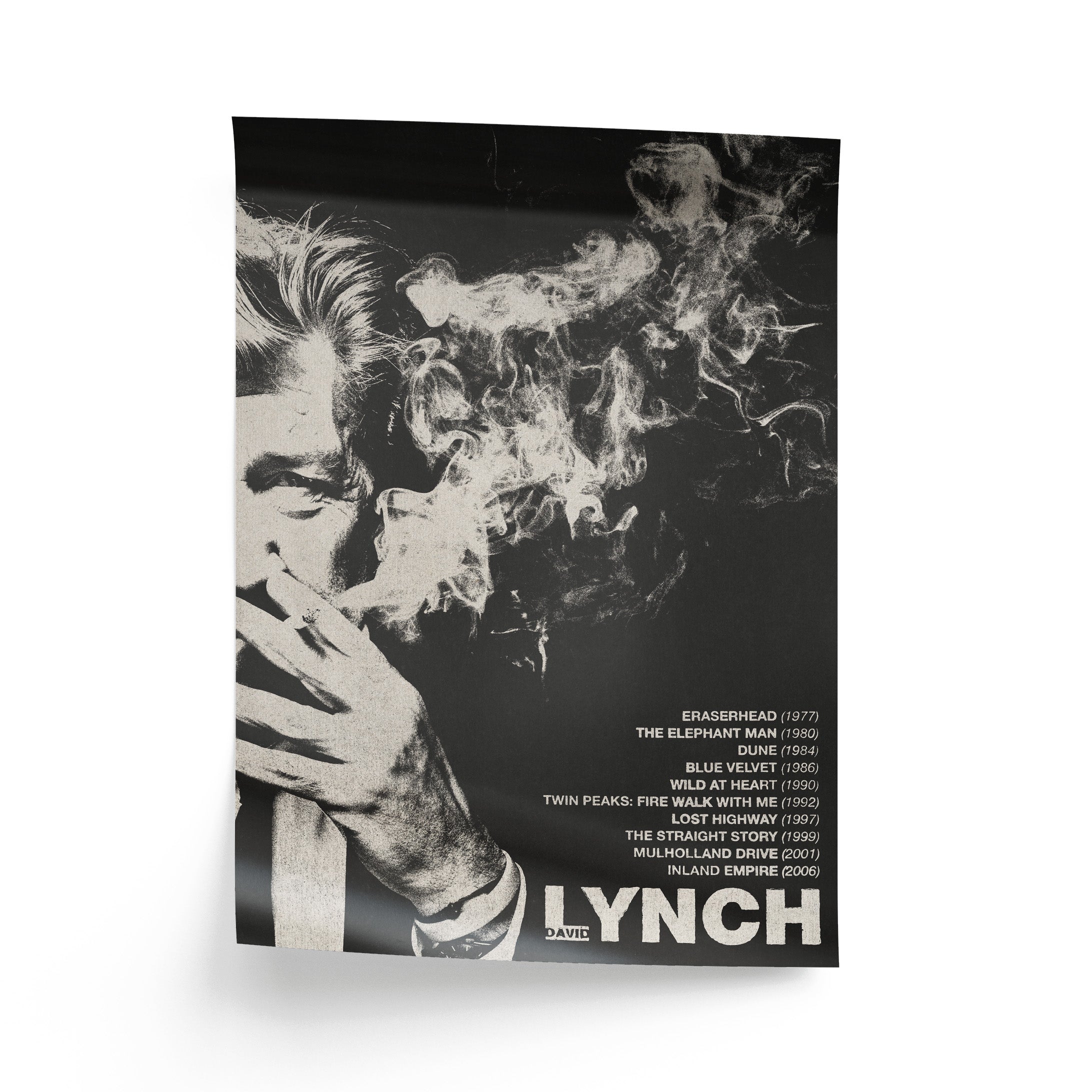 Poster of a person smoking with smoke effects and filmmaker David Lynch's name on a black background.