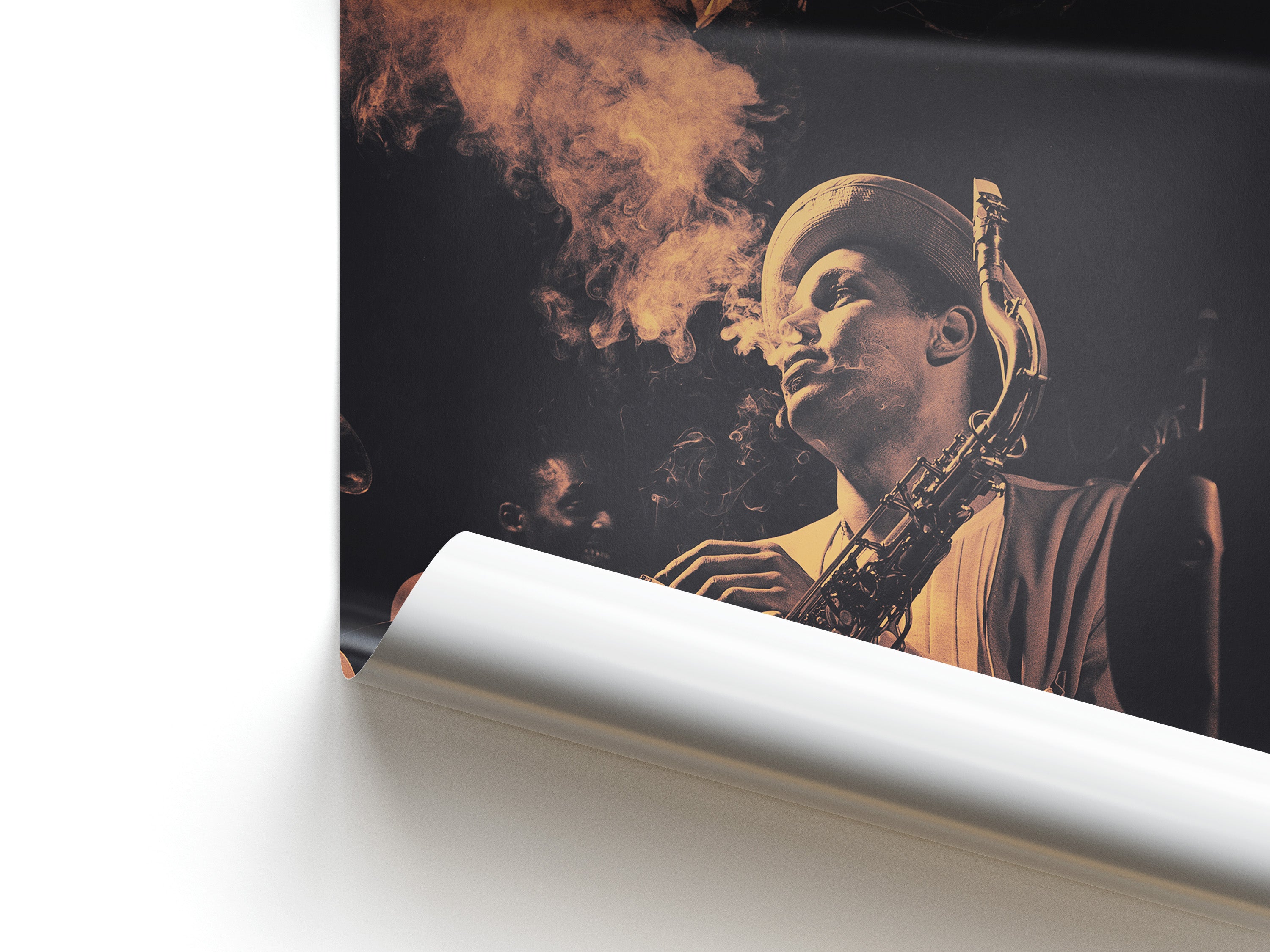 Wall art print of a saxophonist with smoke effect on a dark background