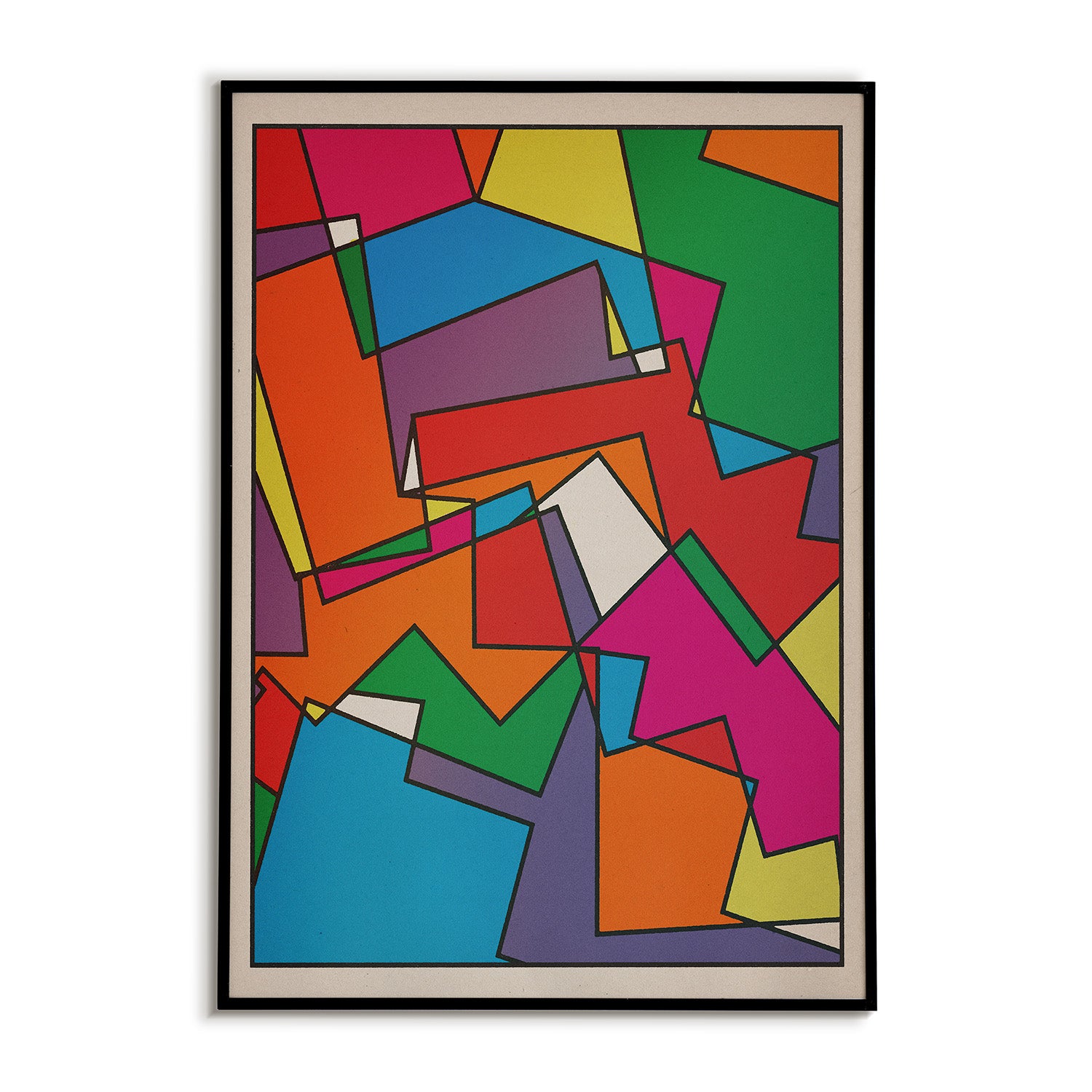 Abstract geometric shapes overlap in vibrant colors.