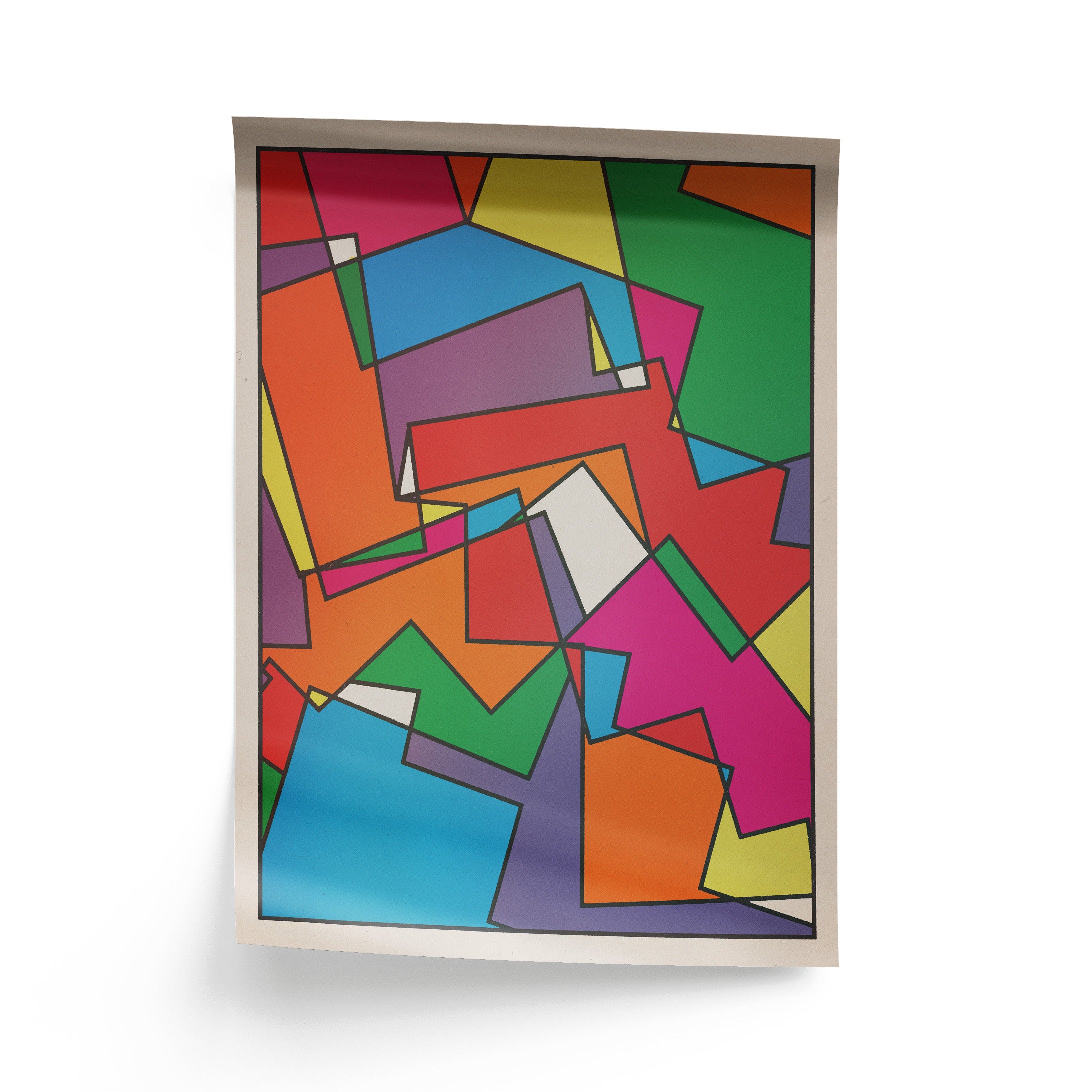 The abstract design consists of numerous overlapping and intersecting polygons, predominantly quadrilaterals, with some triangular shapes also present. These shapes are filled with a bold and diverse palette of solid colors. The colors include bright red, vivid orange, electric blue, deep purple, bright green, hot pink, and a bright yellow. There are also small areas of white that break up the colored segments.