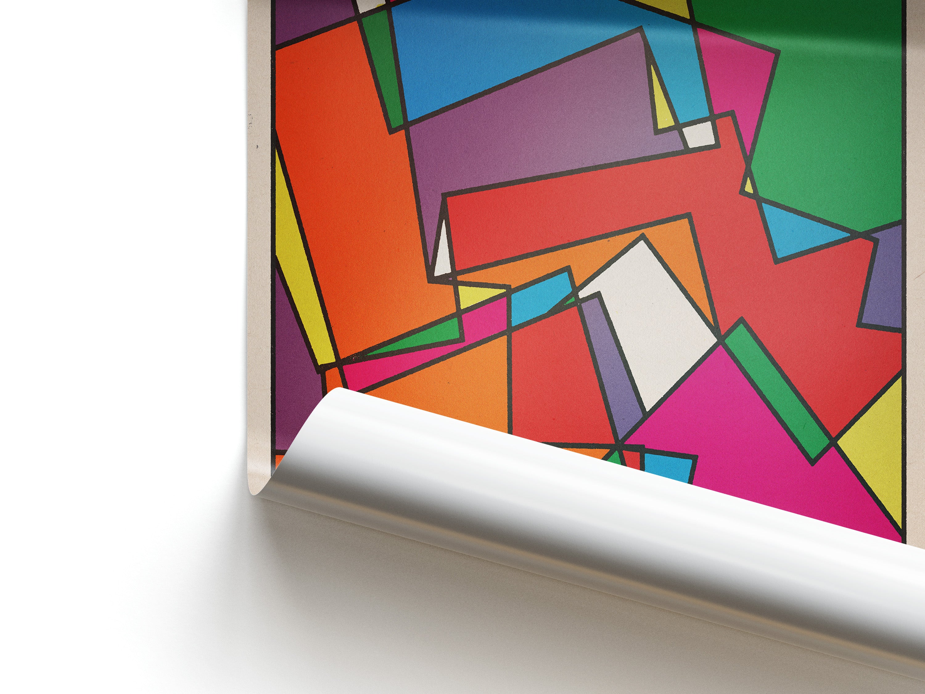 The arrangement of these shapes is complex and somewhat chaotic, with no discernible central focal point. The composition creates a sense of movement and energy, as the shapes seem to be interlocking and shifting across the canvas. Some shapes are large and dominant, while others are small and appear as accents. The edges of the shapes are sharp and precise