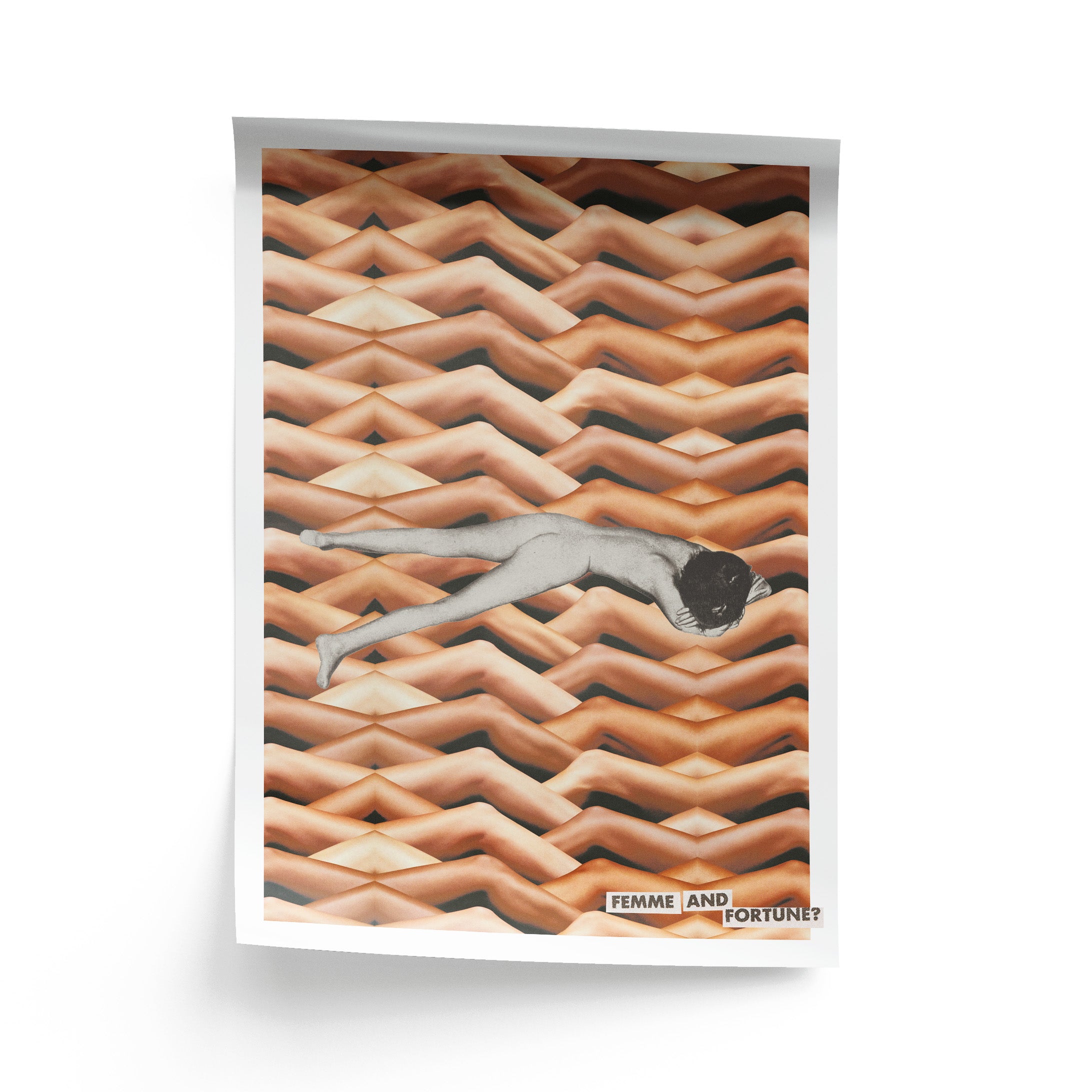 Collage featuring a naked person laying on women's legs with their face covered.