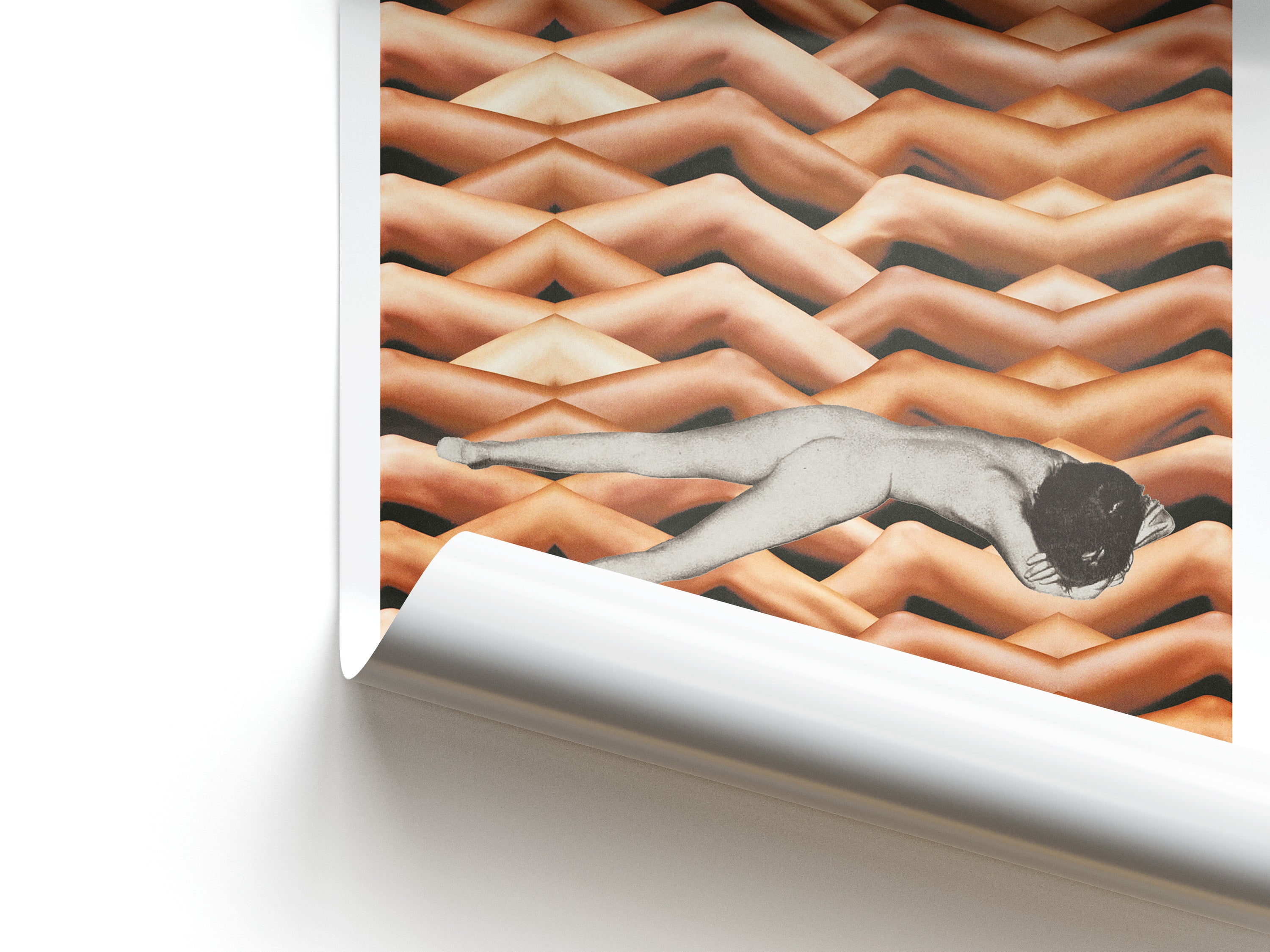 Nude figure lying on a textured surface with wavy pattern