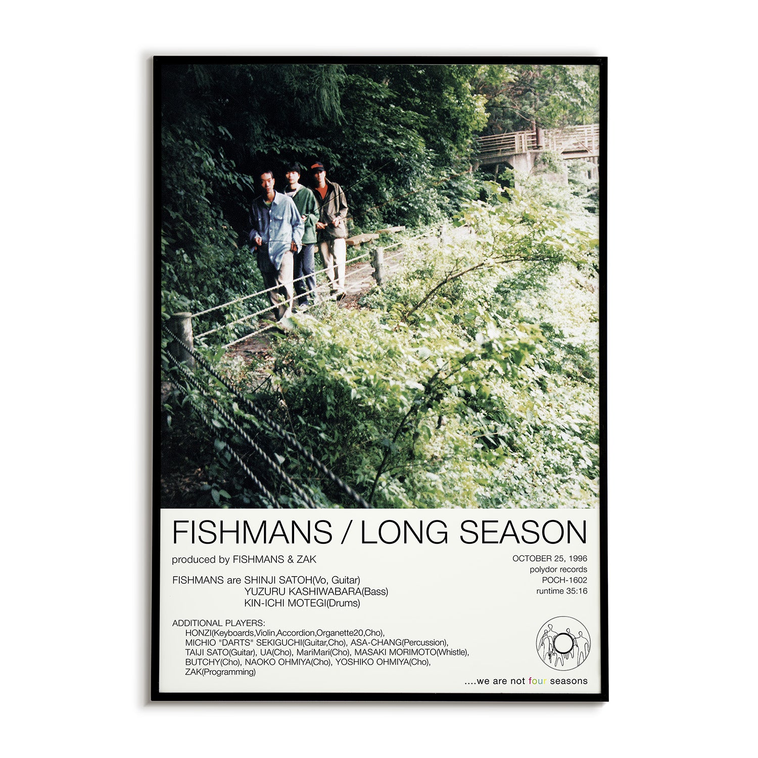 Poster of a group of people walking along a path with greenery and flowers, featuring text about 'Fishman's Long Season'.