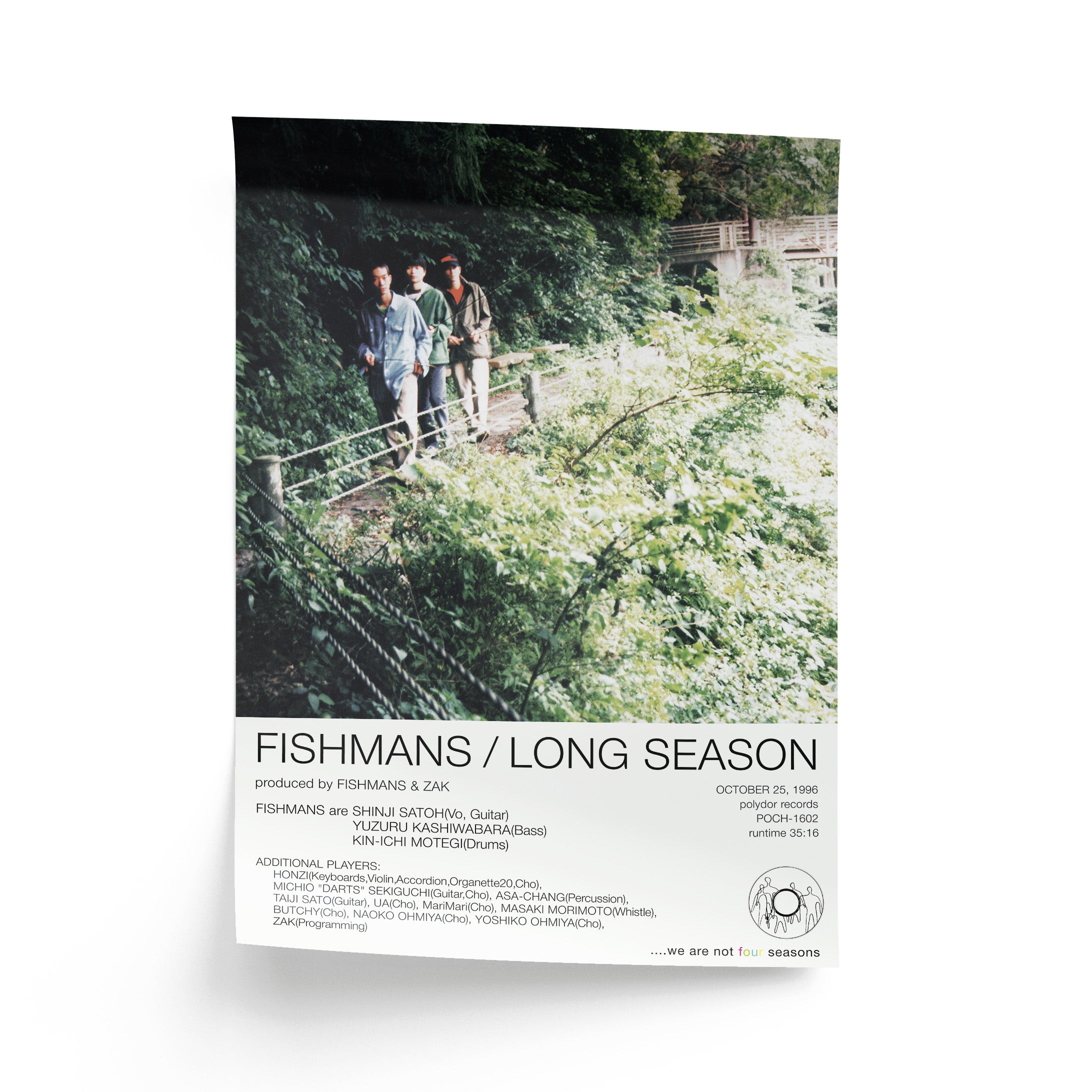 Album poster for 'Fishmans Long Season' with three people on a bridge over a flowering tree