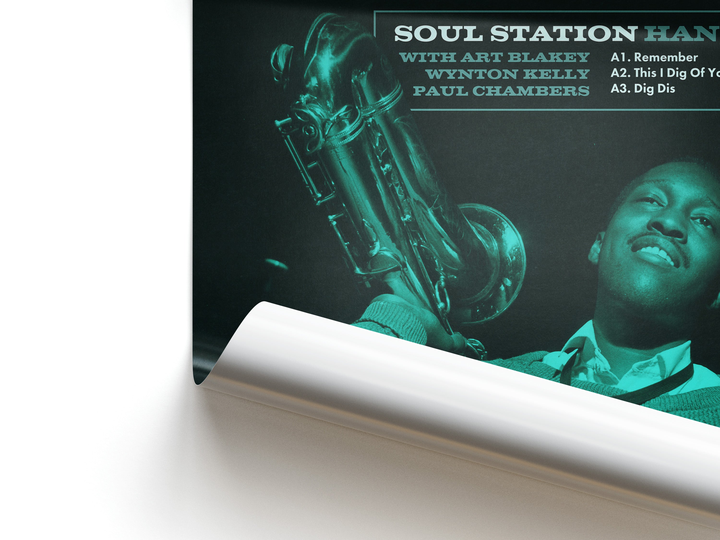 Album cover with a saxophone and a person, featuring text 'Soul Station'.