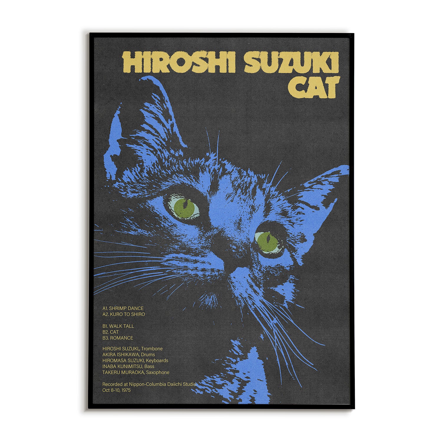 Poster of a blue cat with 'Hiroshi Suzuki Cat' text on a black background