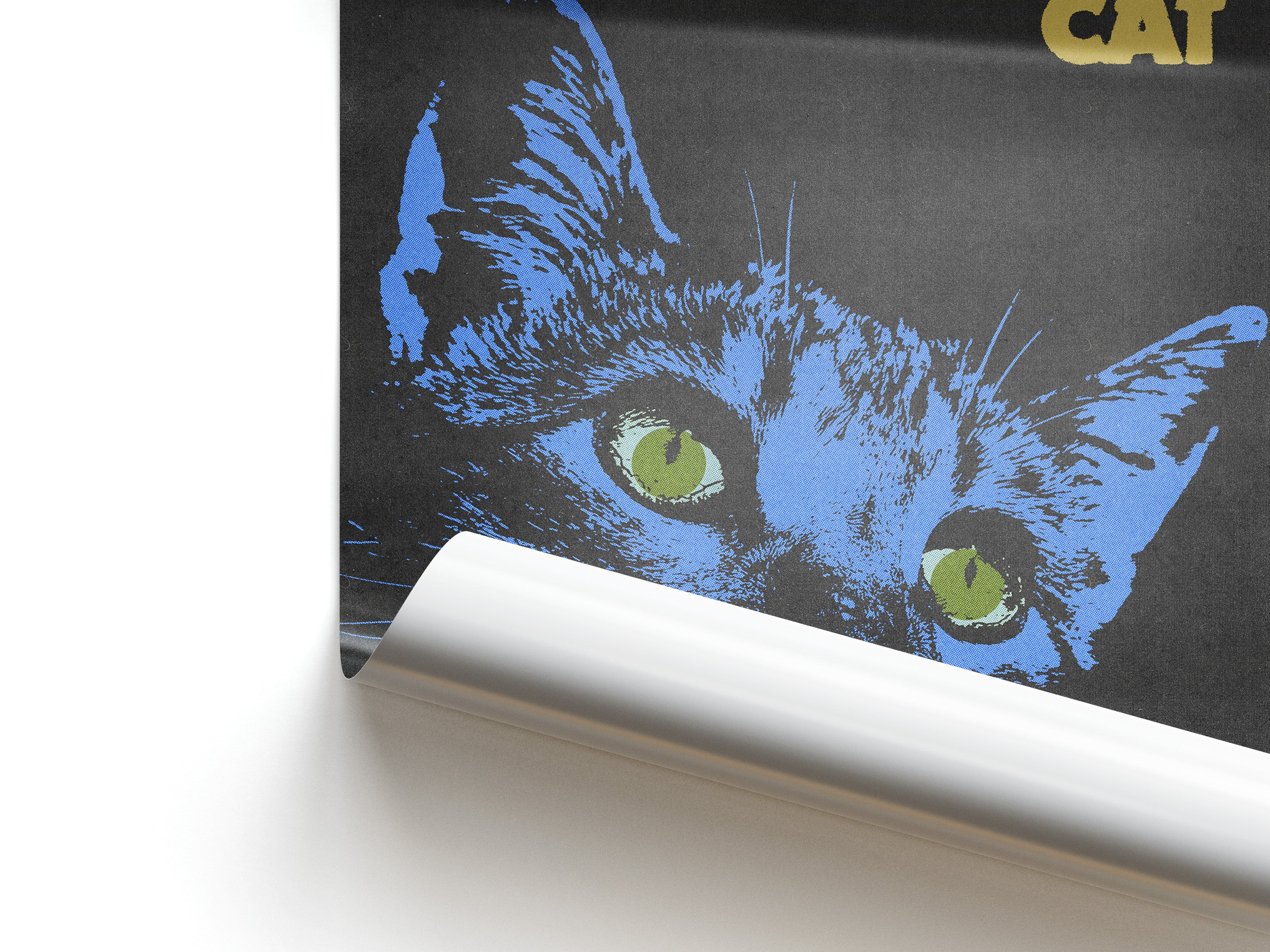 Blue cat illustration on a black background with 'CAT' text, partially unrolled.