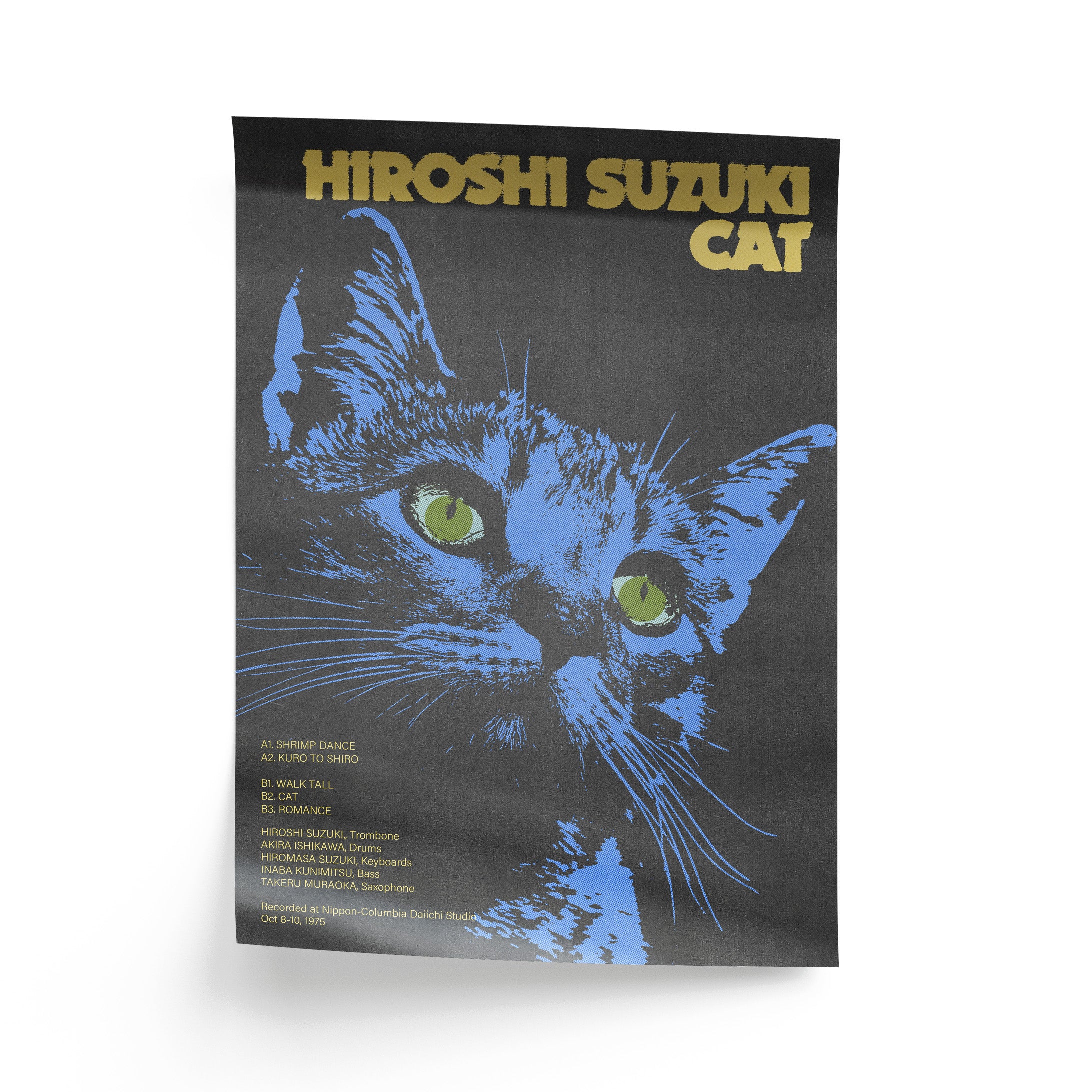 Art print with a blue cat illustration and 'Hiroshi Suzuki' text on a black background