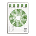 Poster with green circular design and text on a white background