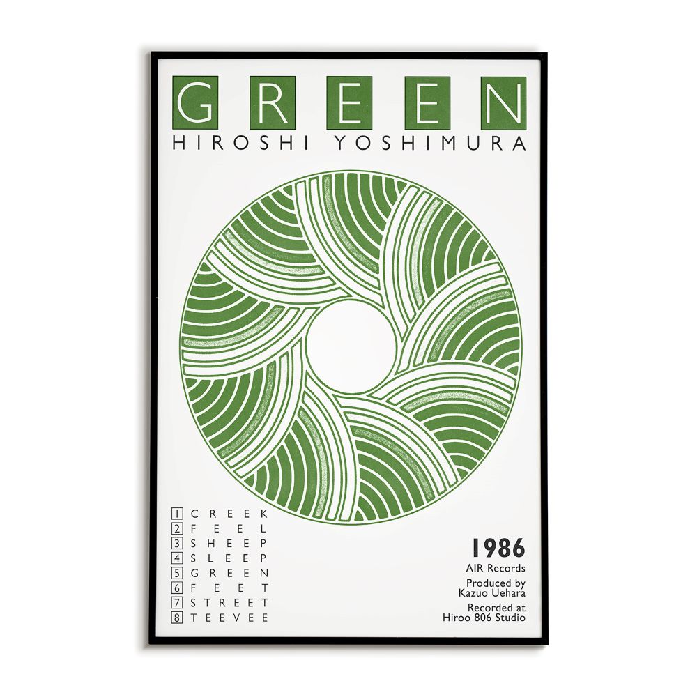 Poster with green circular design and text on a white background