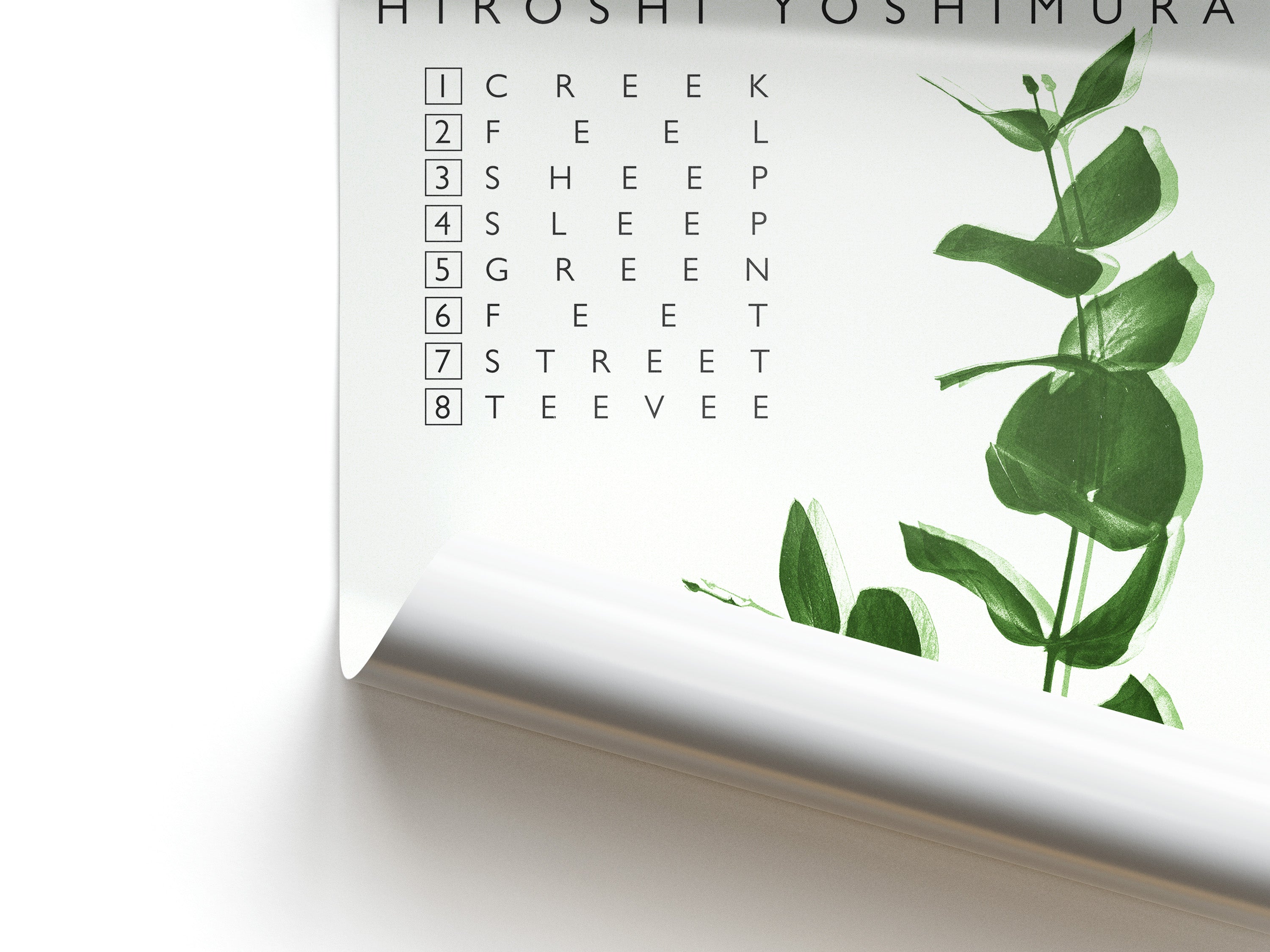 Poster with a minimalist psychedelic plant and tracklist to the album 'Green' by Hiroshi Yoshimura.
