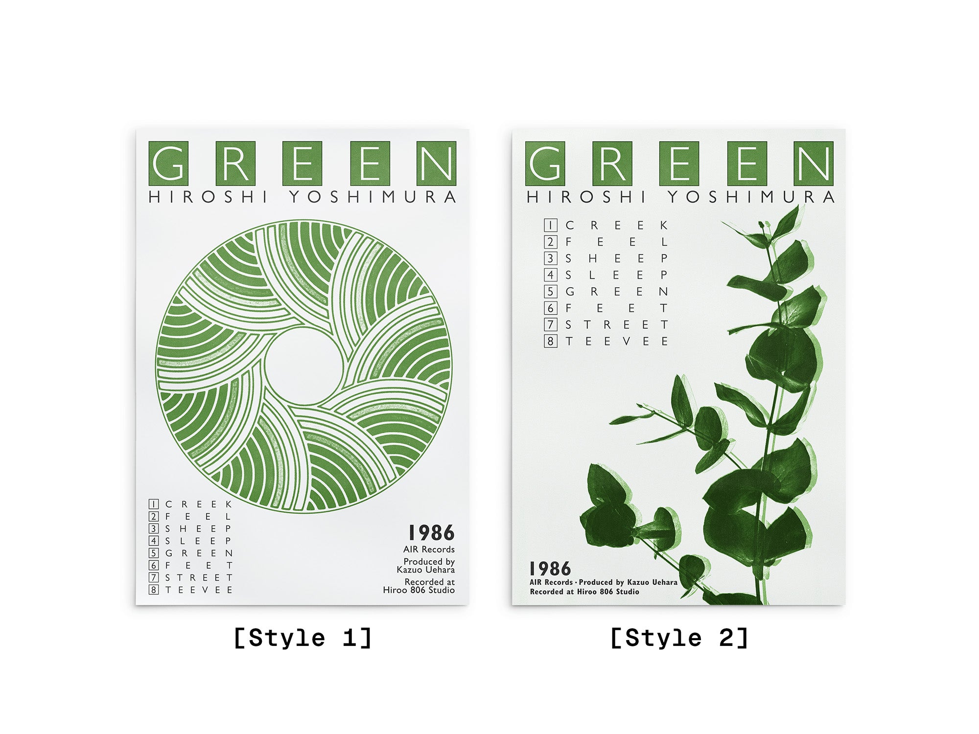 Two green-themed album covers by Hiroshi Yoshimura on a white background
