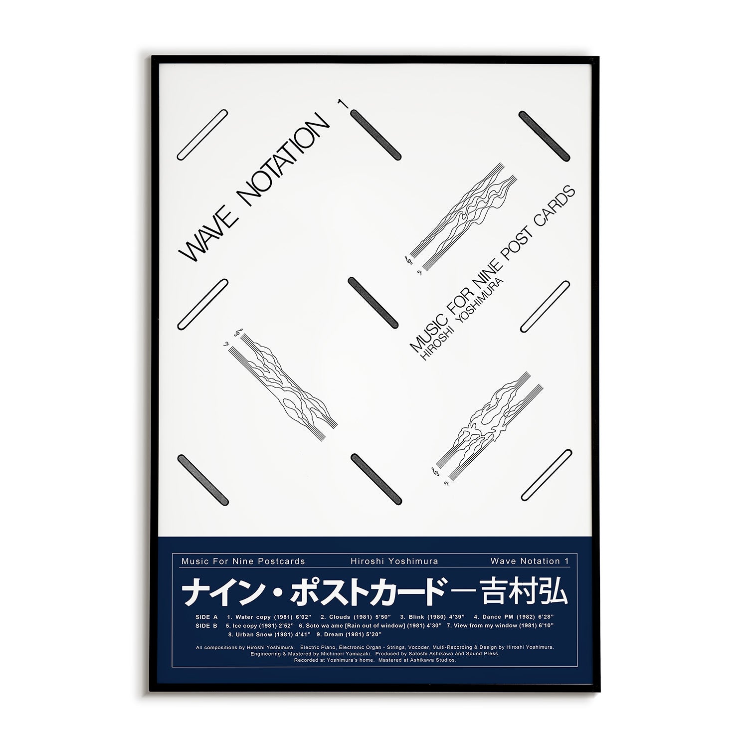 Minimalist album cover poster for Hiroshi Yoshimura's record Wave Notation 1: Music for Nine Postcards with a navy blue footer highlighting the track list, musician credits, and production notes.