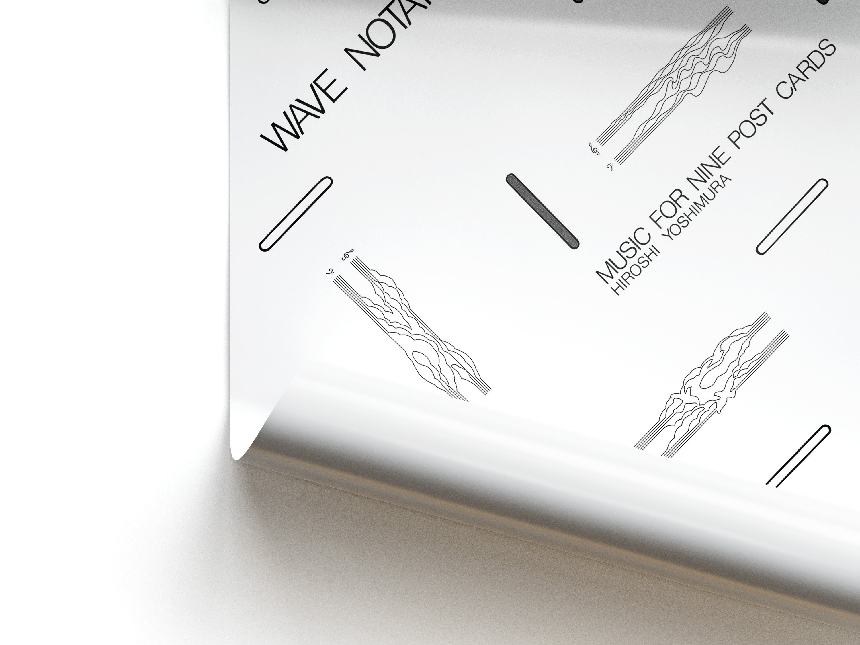 Minimalist wave notation graphic accompanied by text reading "Music for Nine Post Cards: Hiroshi Yoshimura"